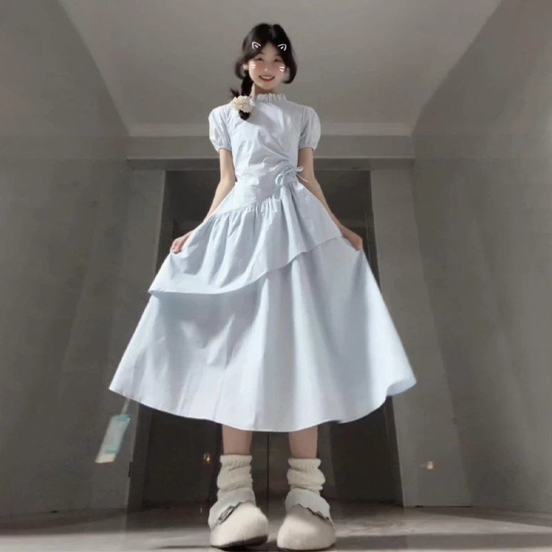 法式蓝色短袖衬衫连衣裙子女夏季2025新款气质高级感不规则蛋糕裙