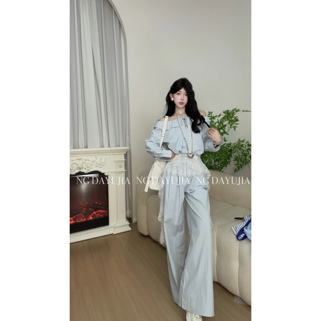 NG DAYU 现货【蓝调夜未央】自制花边一字肩衬衫+假两件蕾丝阔腿裤