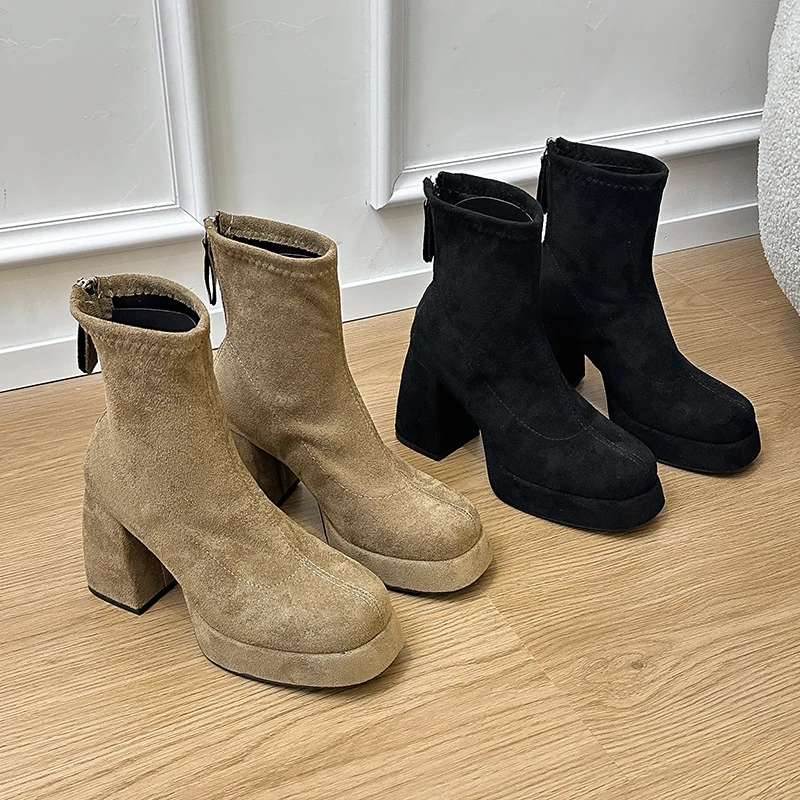 法式高跟加绒瘦瘦短靴子女2025秋冬新款厚底百搭后拉链粗跟马丁靴