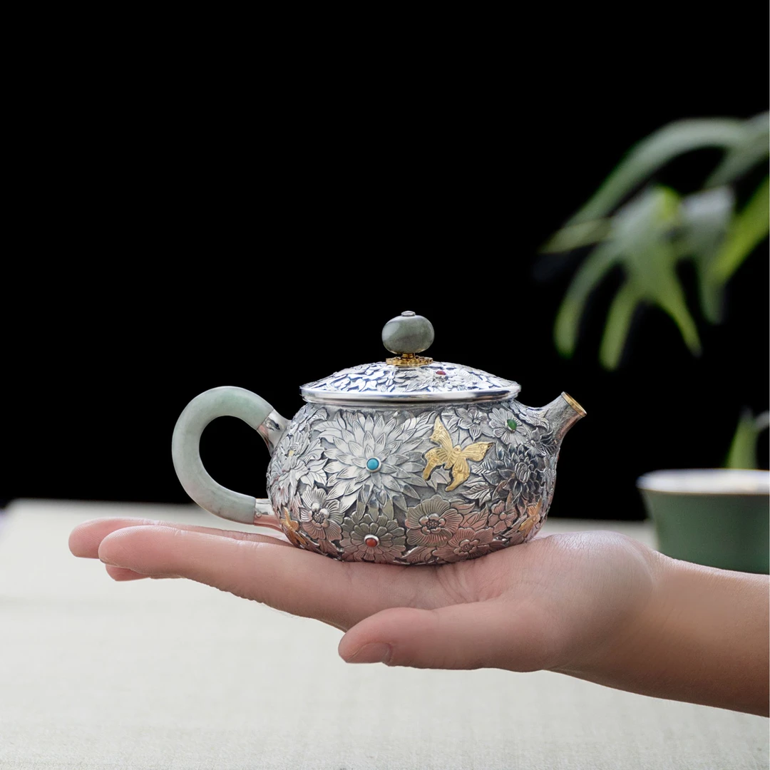 【银歌专属】万花不落地泡茶壶茶具银茶壶