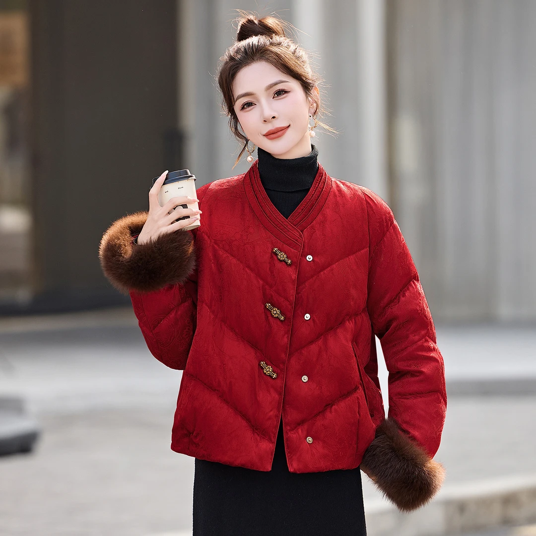 红色国风短款羽绒服女2025年冬季新款中式立领加厚保暖白鸭绒外套
