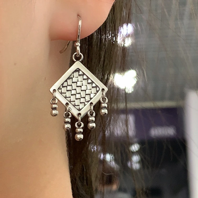 925银耳饰 复古做旧菱形编织流苏球球耳挂