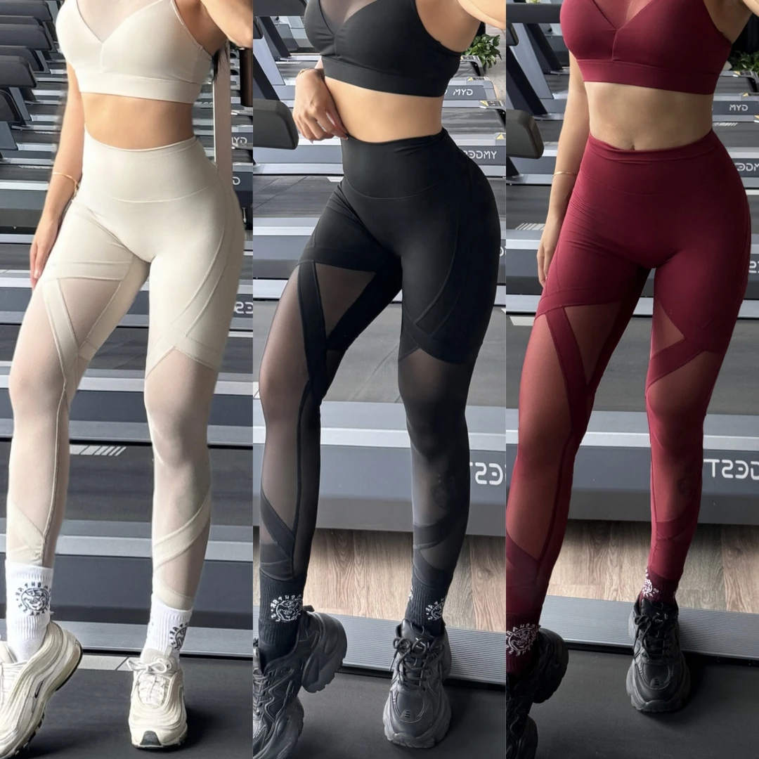 RGNANA欧美性感网纱拼接健身长裤女运动瑜伽提臀高腰弹力速干