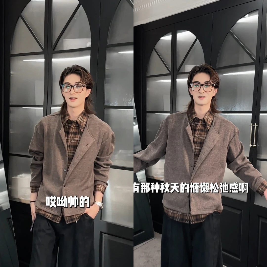 高品质秋季新品复古假两件设计长袖衬衫宽松男休闲百搭开衫外套