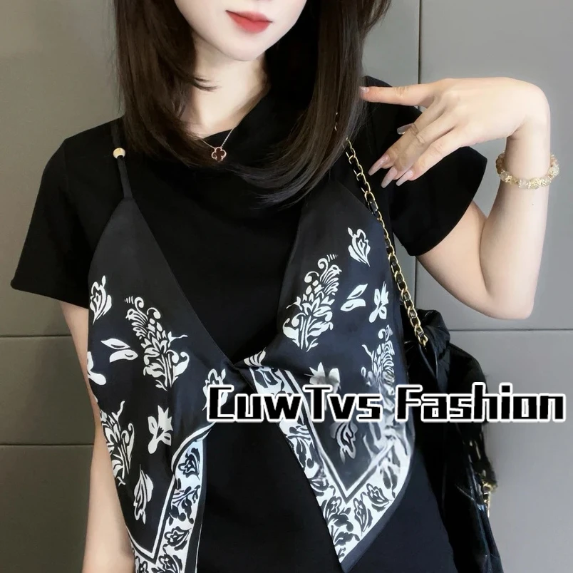 重工假两件设计短袖T恤女夏季2025新款时尚百搭气质减龄显瘦上衣