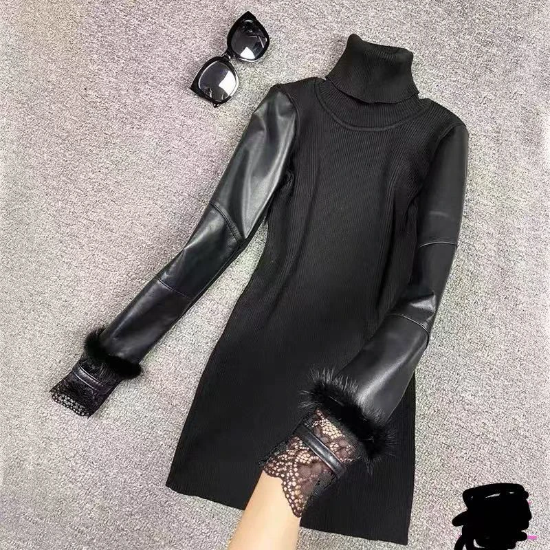 皮袖加绒加厚针织打底衫女秋冬时尚保暖内搭