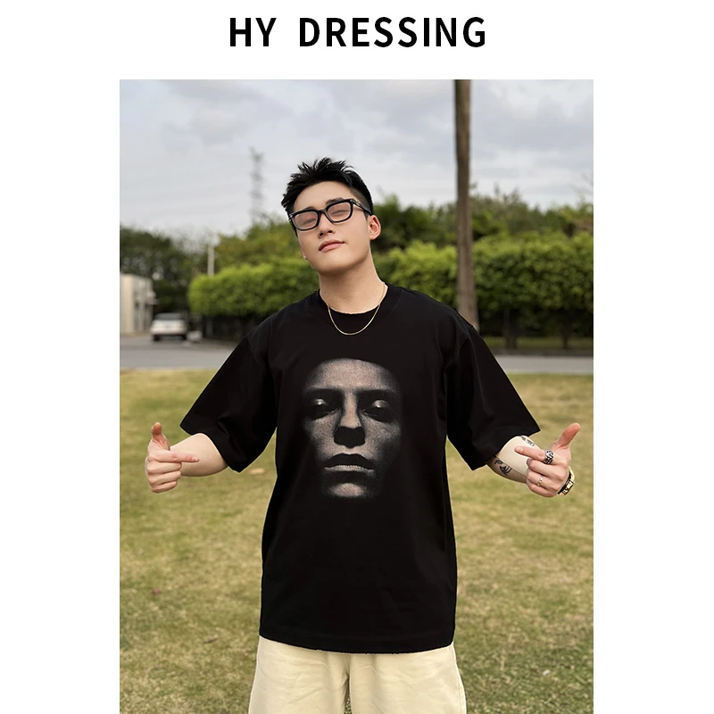【HY穿搭】夏季3D个性印花重磅短袖T恤男简约时尚磨破潮流宽松短T男