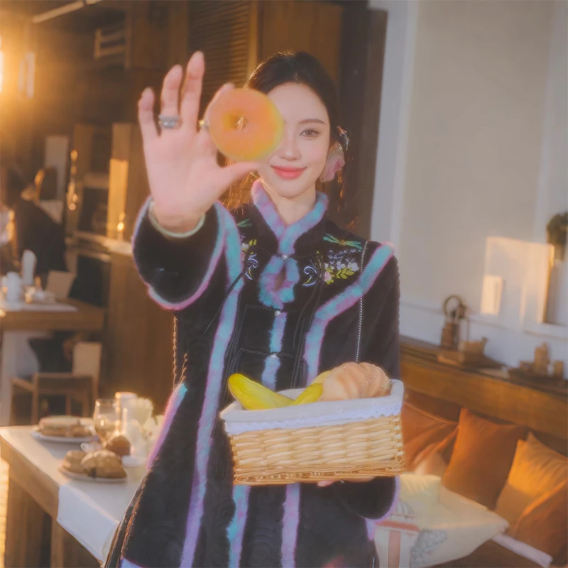 原创新中式家居服高级感刺绣睡衣女款春秋法兰绒套装两件套撞色新