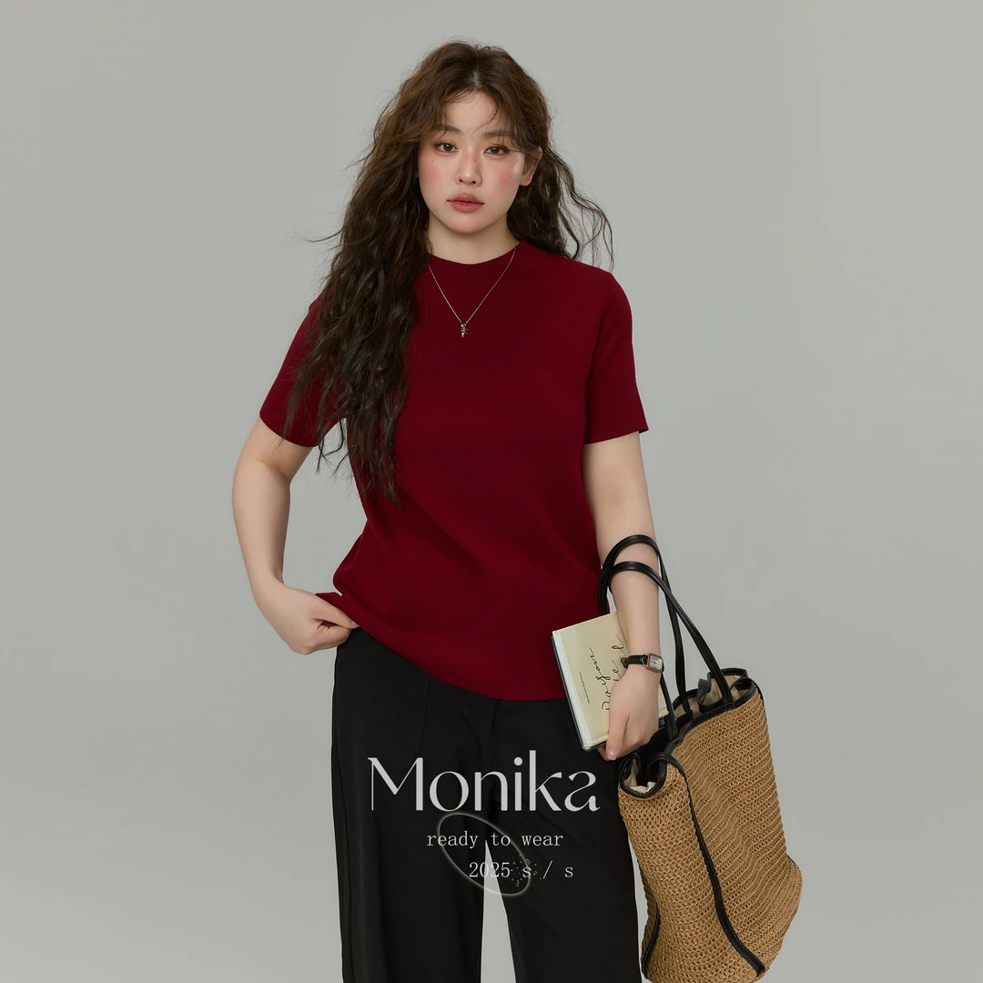 大码女装胖mm小众半高领正肩短袖针织衫春装新款打底上衣L22872