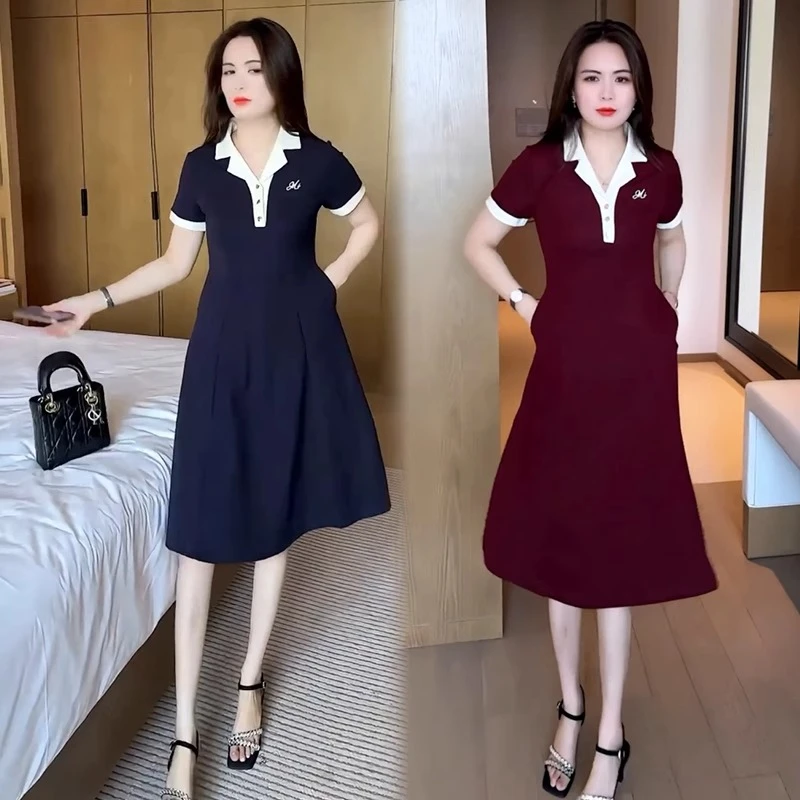 时尚连衣裙女2025夏季新款时髦洋气收腰显瘦短袖气质百搭A字裙潮