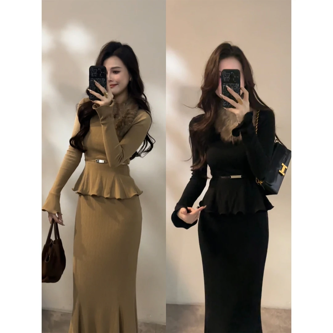 【大婷婷】秋冬新款时尚小众拼接毛毛领长袖显瘦鱼尾裙套装DT1829