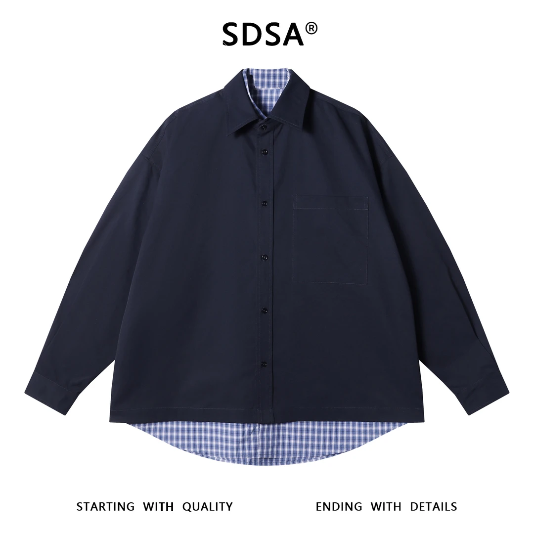 SDSA男士秋冬新款痞帅男装潮牌拼接假两件翻领长袖衬衫百搭时尚