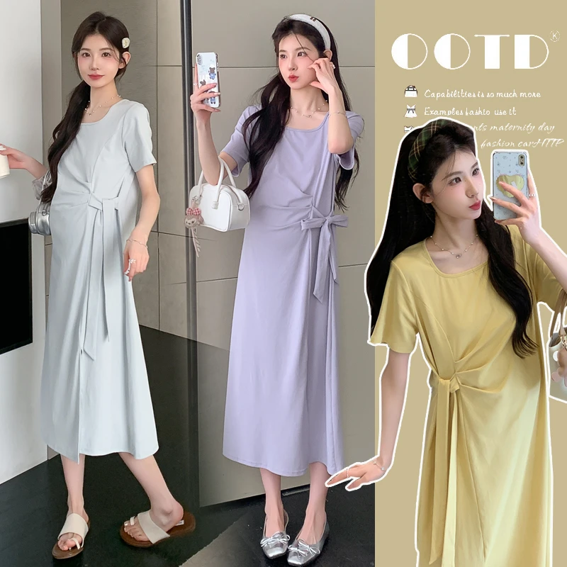 时髦孕妇装新款2025夏季约经典方领修身系绳亲肤弹力流行款连衣裙