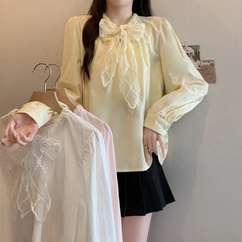 2025超火衬衫女高级感轻奢减龄洋气简约气质蕾丝系带百搭韩系温柔