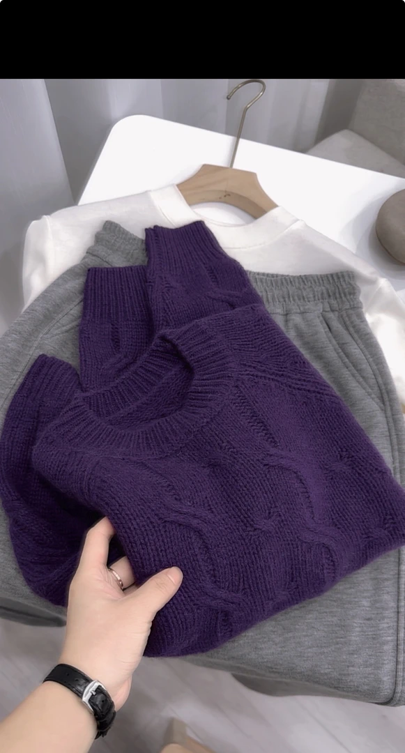 小朵家 巨好看！百搭黛紫粗织羊驼厚款毛衣6602