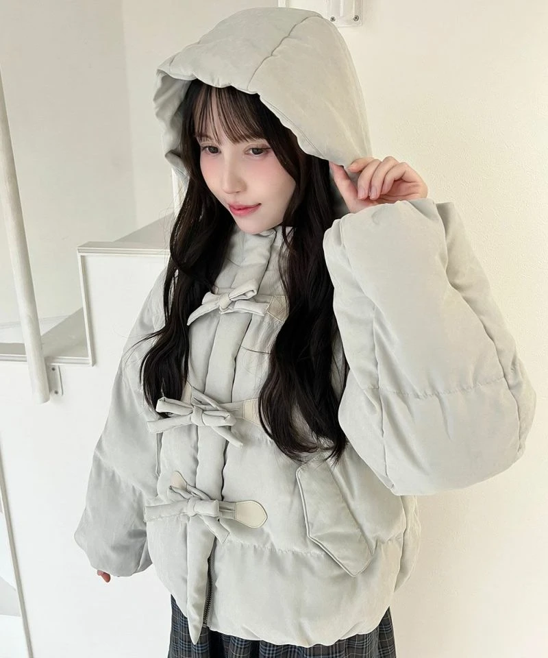 剪标拆标日系甜美可爱棉服外套连帽蝴蝶结棉袄拉链短棉衣小个子