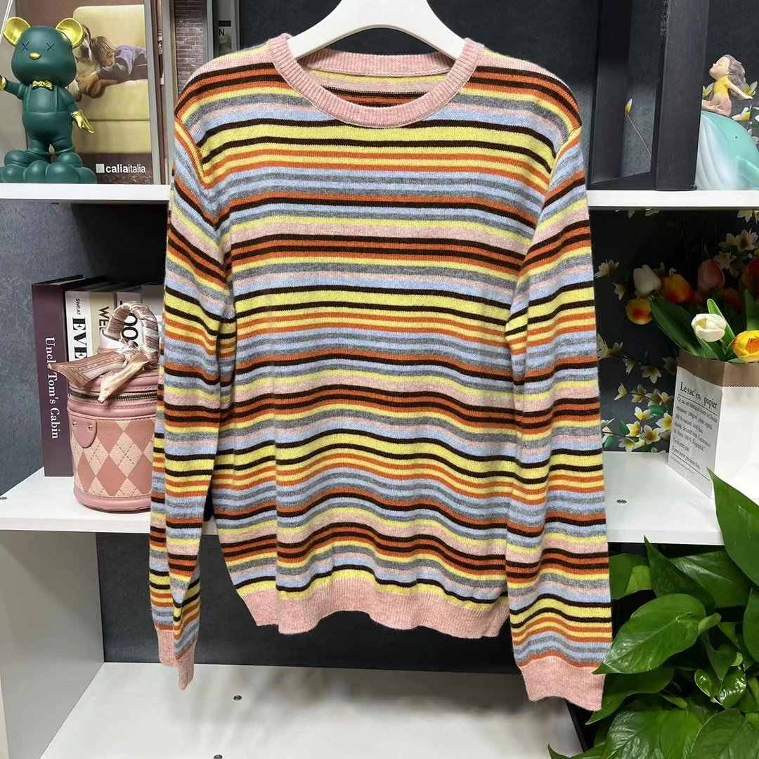 YM433【新款】粉色圆领撞色彩条条纹针织衫C