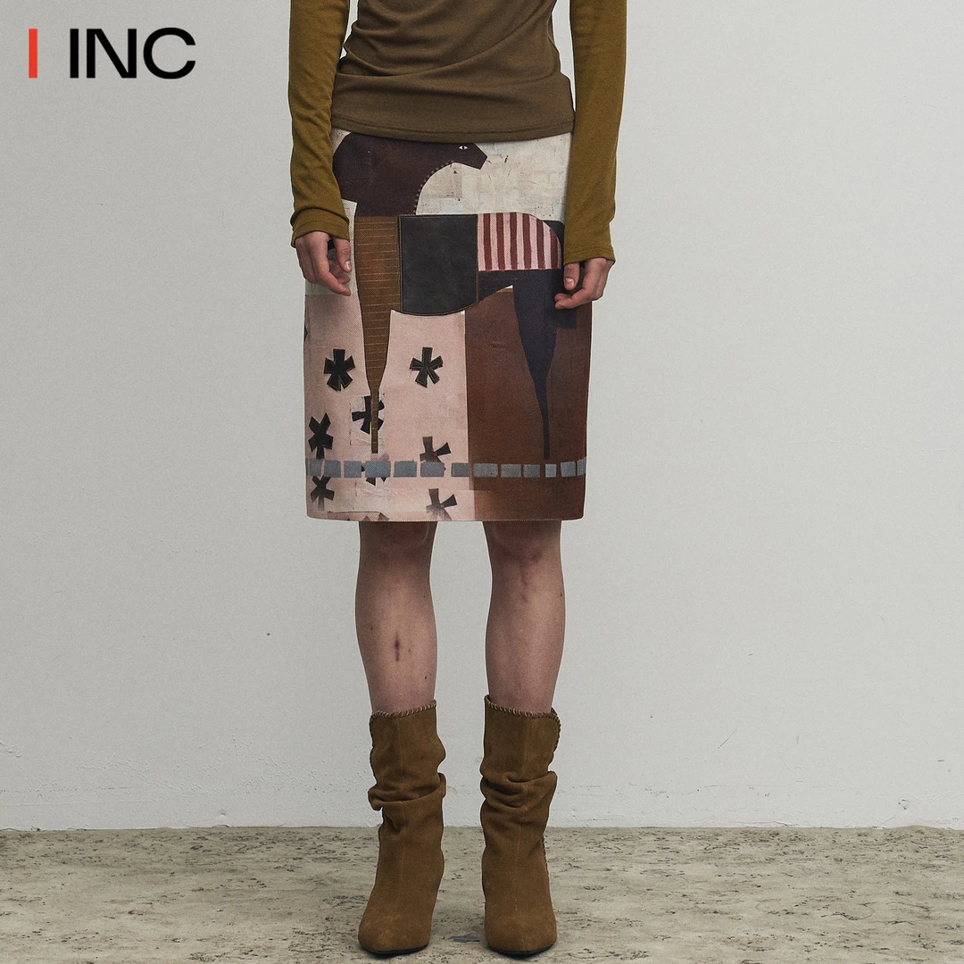 WapaWapa 艺术廊小马印花拼布半裙女25AW冬季新款百搭裙子IINC