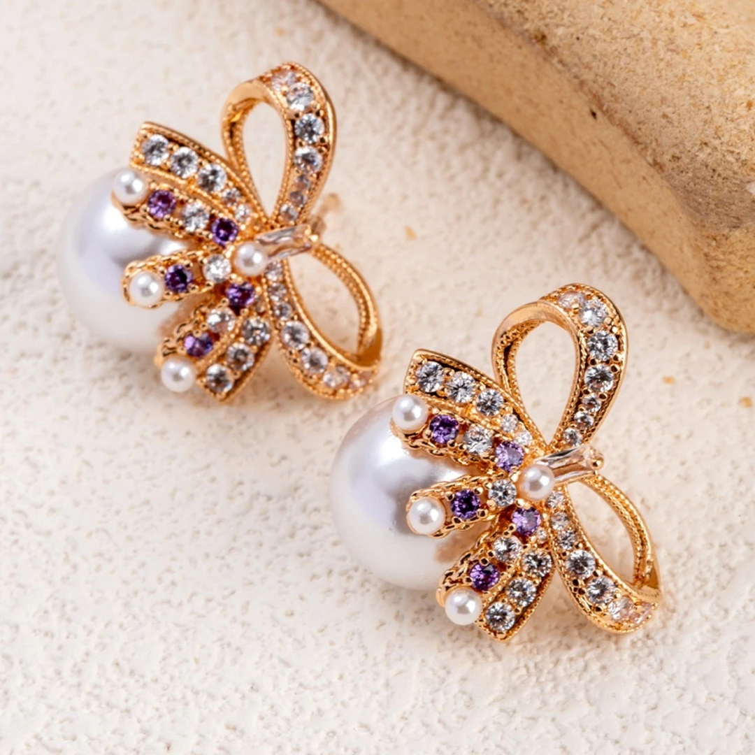 铜合金仿珍珠耳饰 【8651】清新可爱甜美镶嵌精致蝴蝶结耳环耳饰女