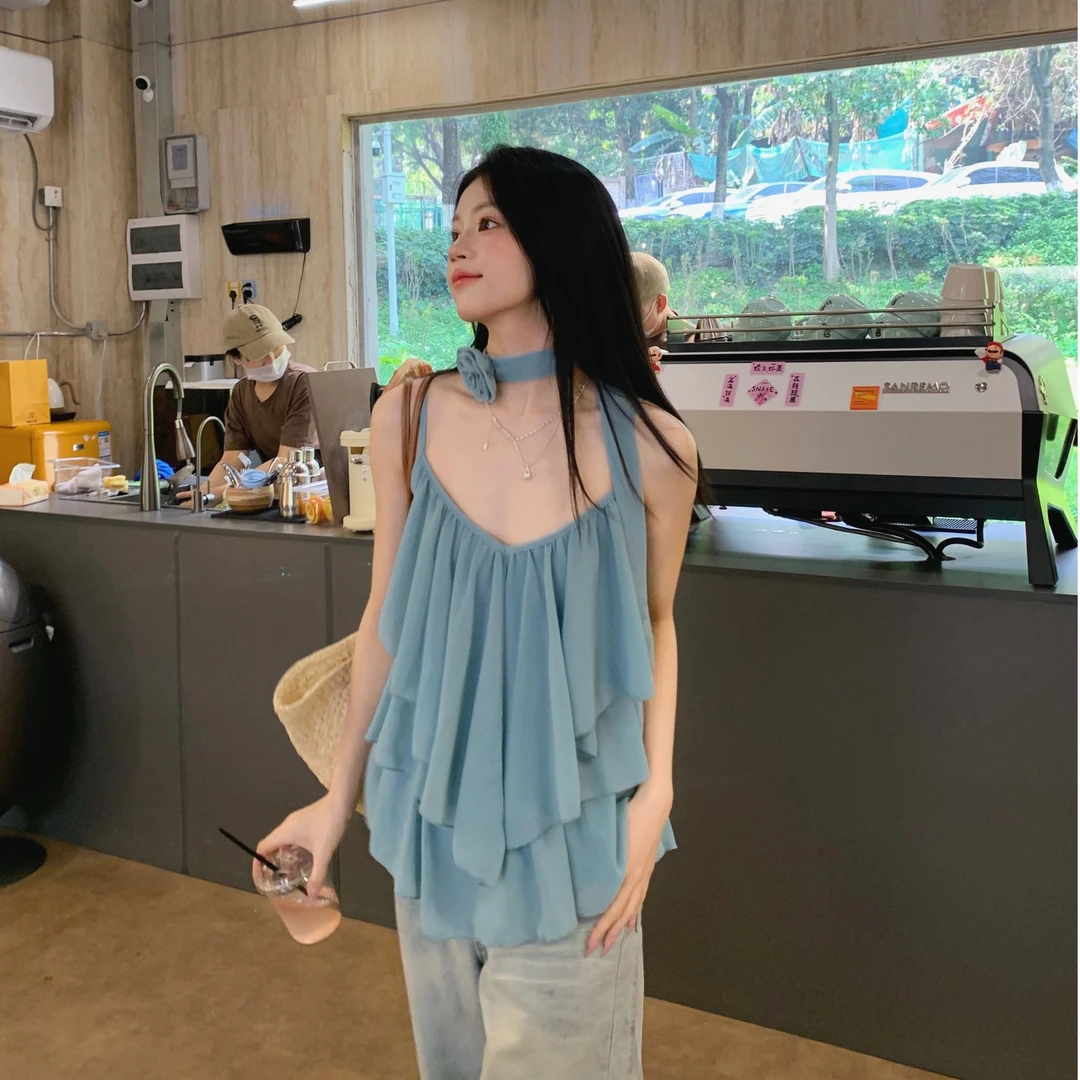 【NYPP】纯欲甜美层层荷叶边雪纺吊带上衣海边度假小衫含小花领结