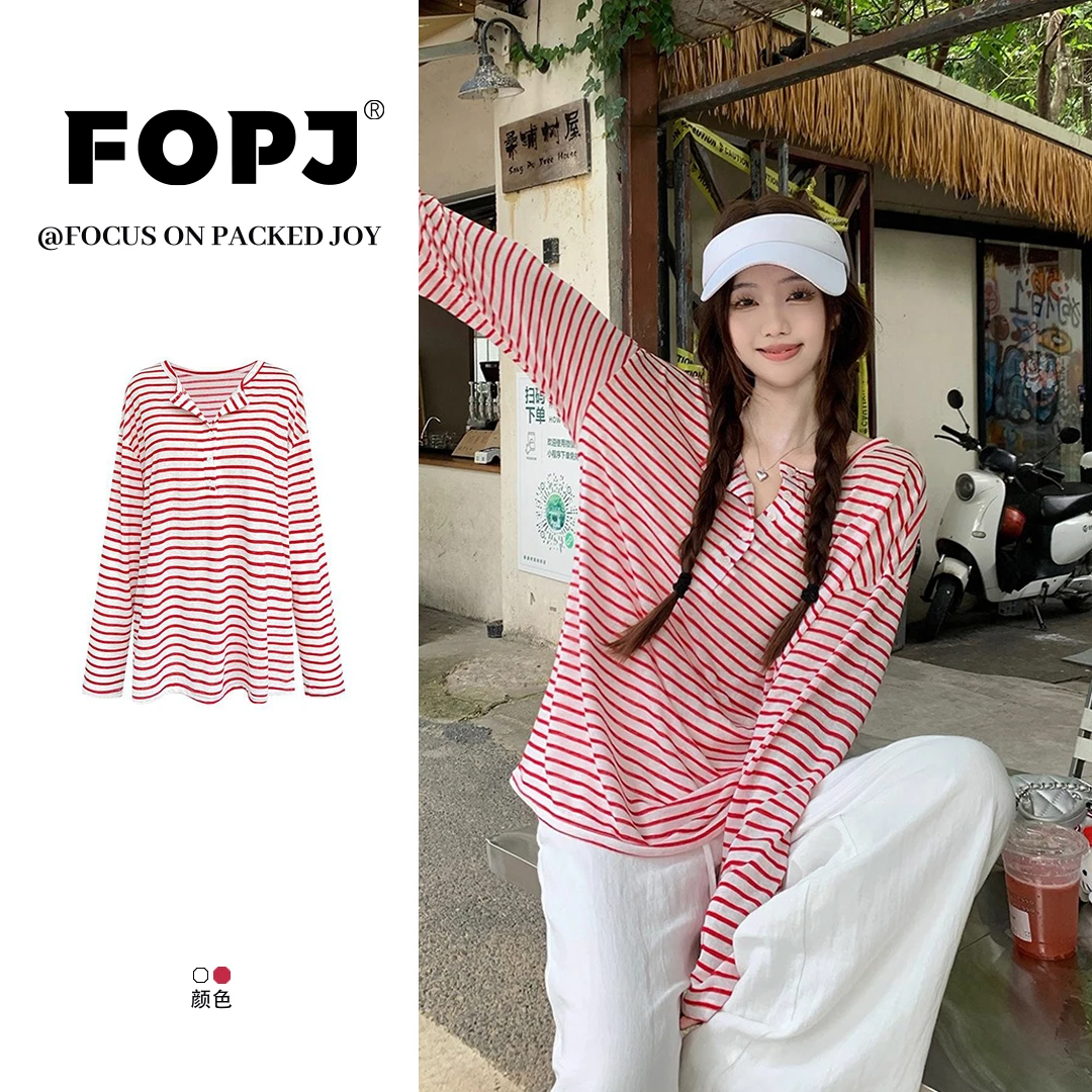 FOPJ辣妹慵懒风撞色条纹宽松t恤女设计感半开领长袖防晒罩衫上衣