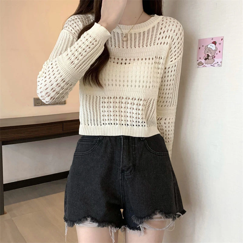 镂空针织衫女春秋新款短款套头秋宽松恤长袖辣妹冰爽丝上衣