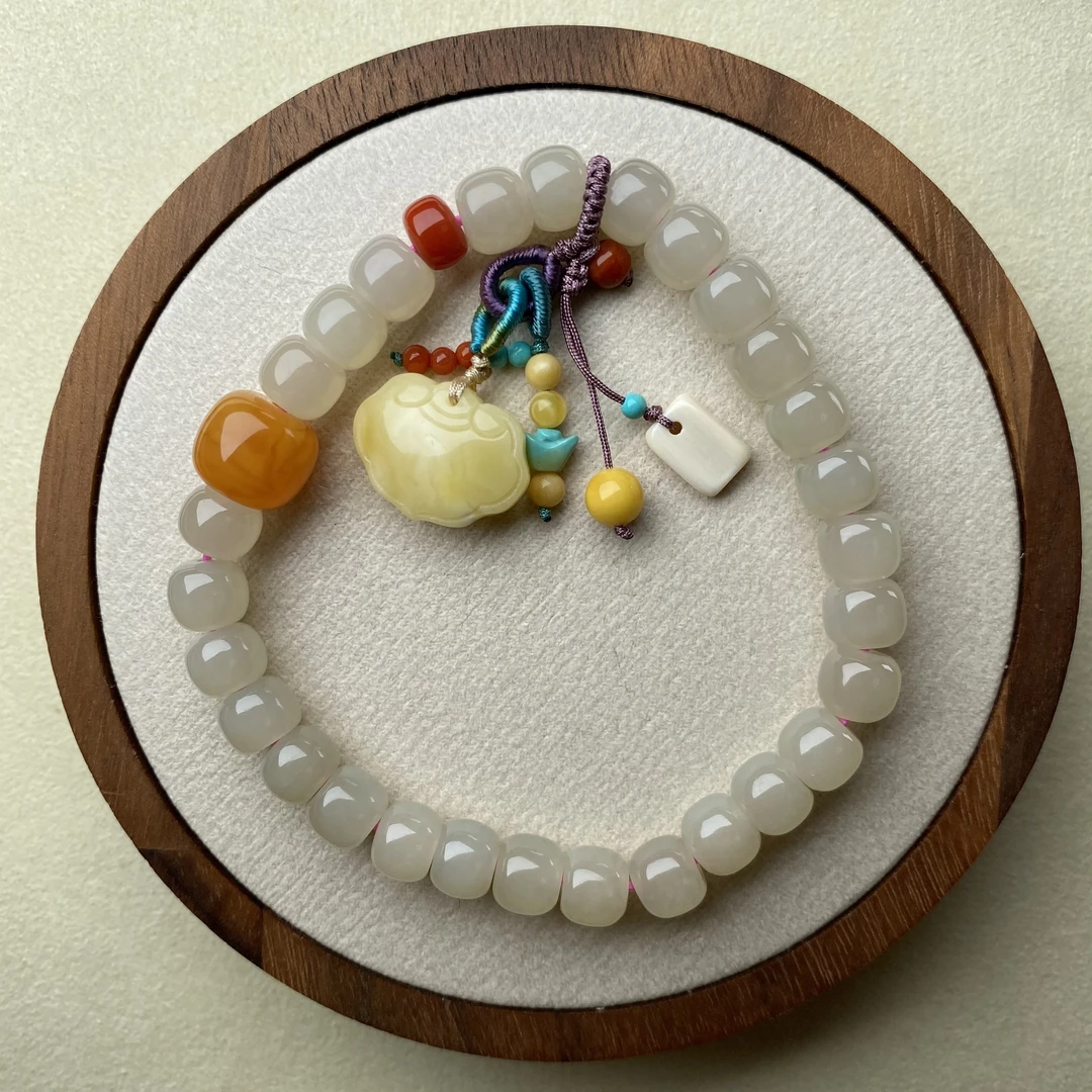 收藏级青海料藕粉和田玉精工老型单圈手链O070