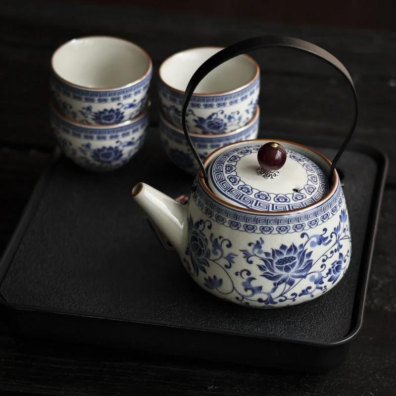 【福器】黄汝窑缠枝莲提梁壶一壶四杯小套装(加盘)（Q5136）