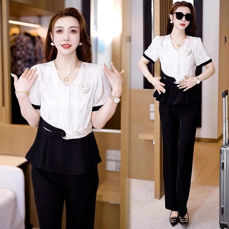 时尚洋气套装女2025夏季新款显瘦拼色V领短袖上衣阔腿裤两件套