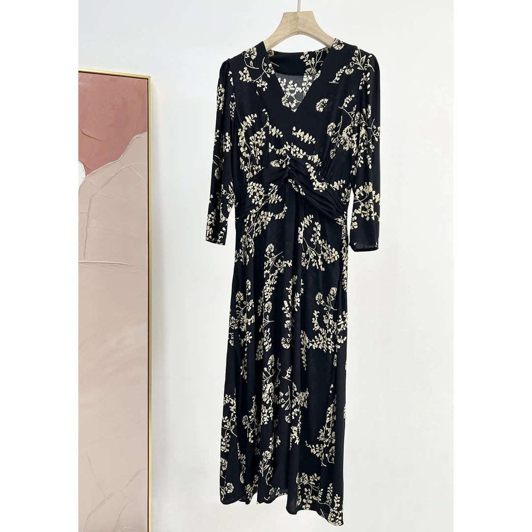 好货！法国轻奢法式优雅浪漫性感V领高腰显瘦长款连衣裙 女