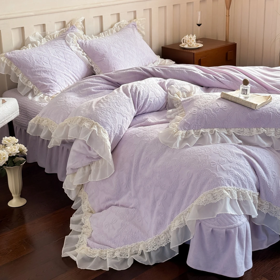 复古风加厚加绒牛奶绒床盖四件套夹棉双层韩式床上用品防静电