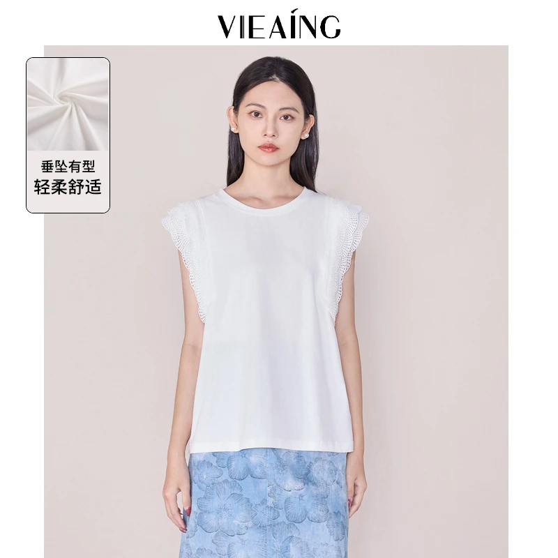 VIEA.ING薇迎白色短袖衬衫女2025夏季新款休闲衬衣圆领飞飞袖上衣