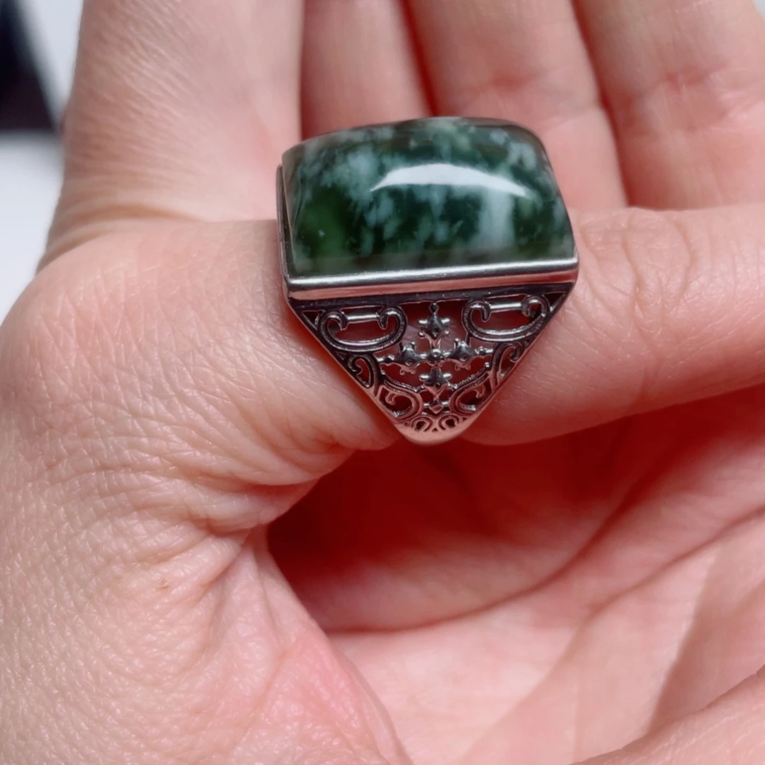 不***至透闪石-蛇纹石玉银S925镶嵌戒指