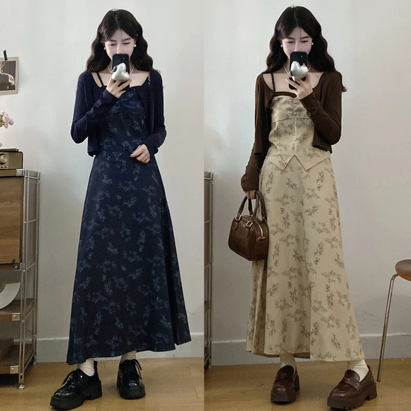 大码胖mm秋季新款温柔显瘦印花吊带背心气质半身裙三件套套装女