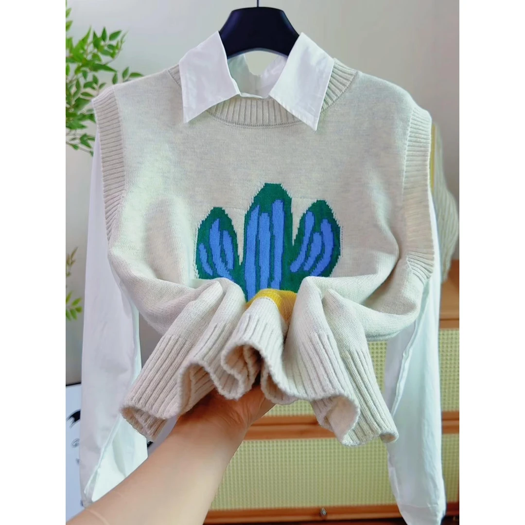 十三行气质刺绣圆领针织马甲+衬衫女秋季显瘦无袖毛衣简约上衣