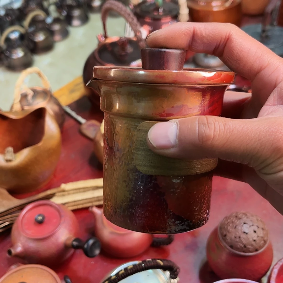 紫铜手工锻打工艺淬火色抛光手抓壶