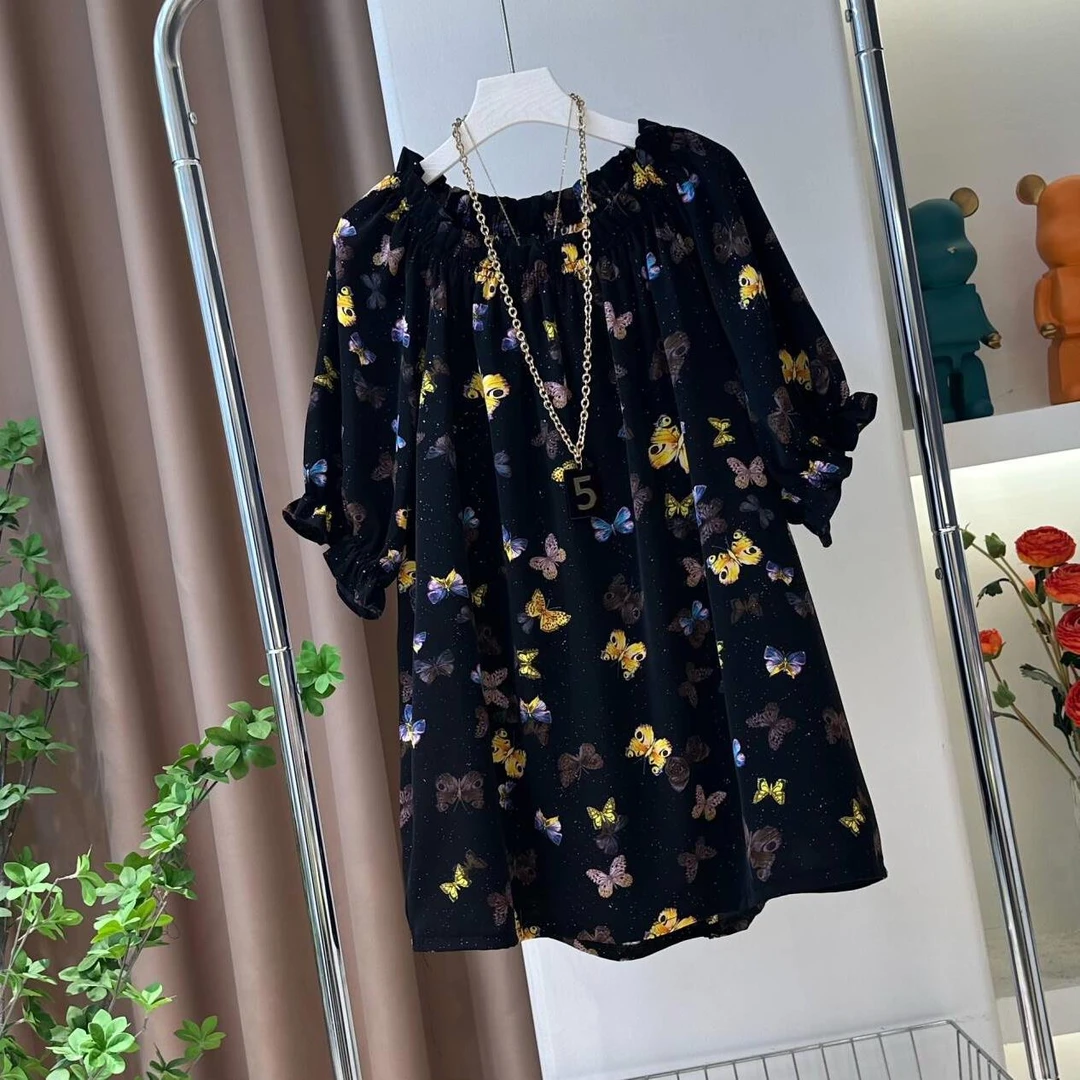 新1854撒银短袖时尚百搭上衣夏季宽松显瘦一字领气质休闲碎花印花