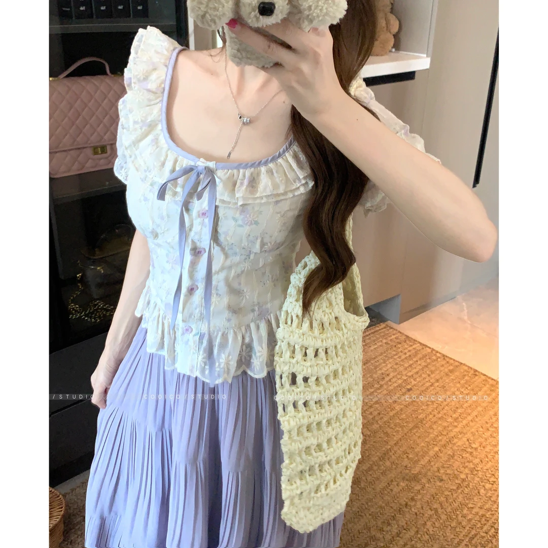 新款胖mm系带荷叶花边甜美碎花时尚遮肉显瘦撞色短袖上衣女