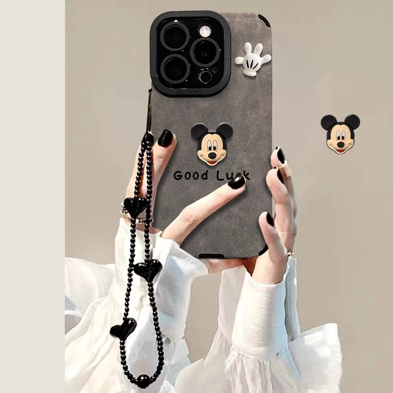 好运米奇适用苹果16华为vivo小米oppo瞳眼翻毛皮手链手机壳女防摔