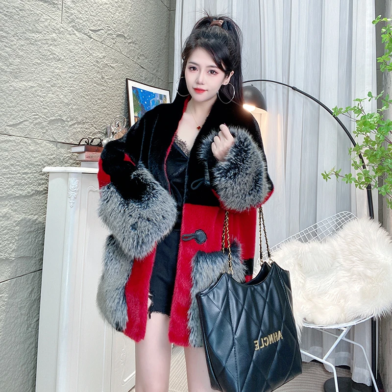 冬季时尚穿搭保暖皮草大衣休闲外套女P0211拼色