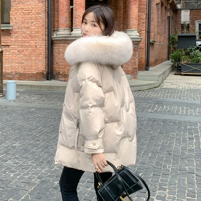 【清货价】大毛领羽绒服女中长款2024新款宽松加厚鸭绒连帽冬季外套