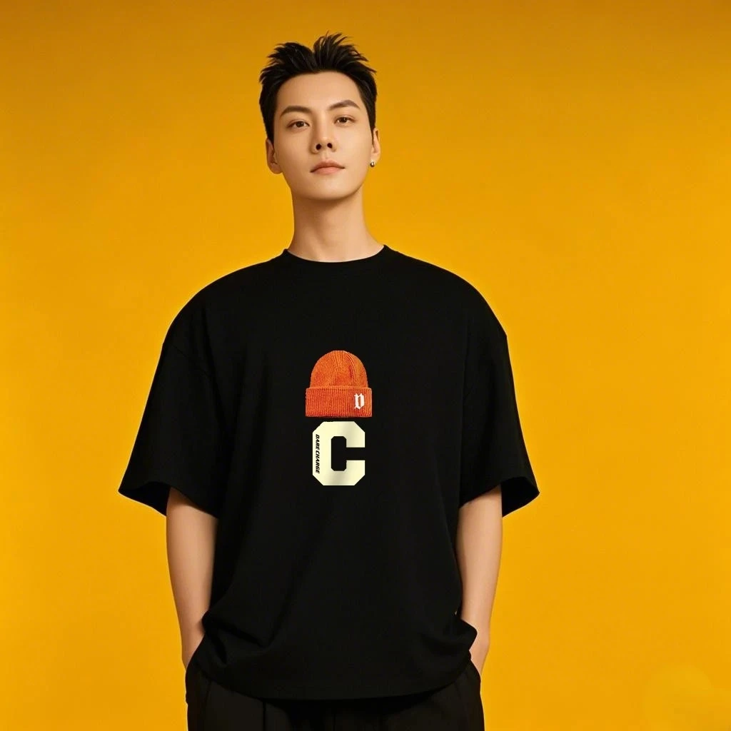 2025新款情侣短袖美式潮牌男士T恤夏季圆领黑色宽松半袖纯棉上衣