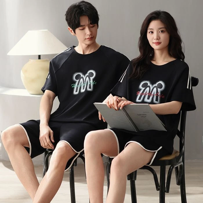 夏季纯棉情侣男女短袖短裤圆领家居服睡衣夏天套装可外穿薄款宽松