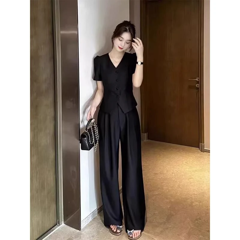 胖mm时尚显瘦高级感套装女大码夏季新款短袖西装衬衫阔腿裤两件套