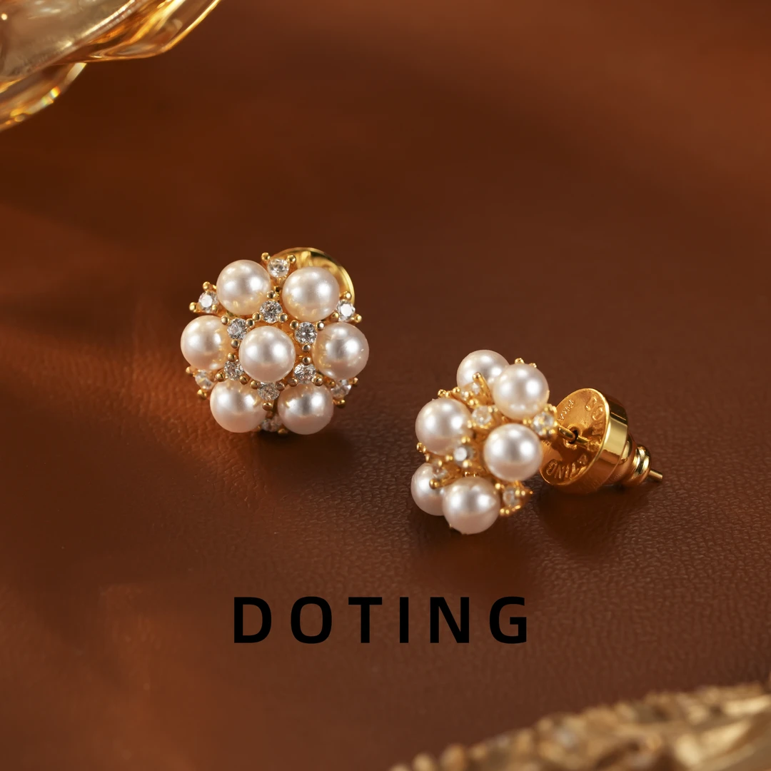 合金仿珍珠耳饰 香槟色珠珠镶嵌版耳钉ZG-01198