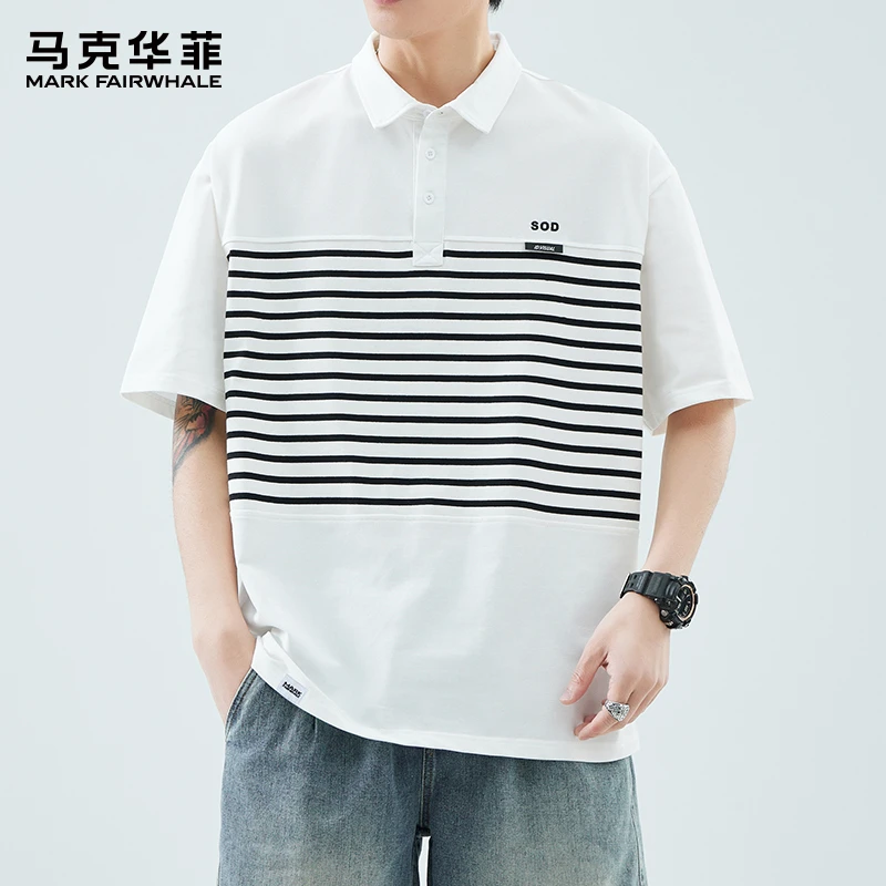 马克华菲夏季薄款短袖POLO衫男士2025新款美式条纹宽松翻领上衣服