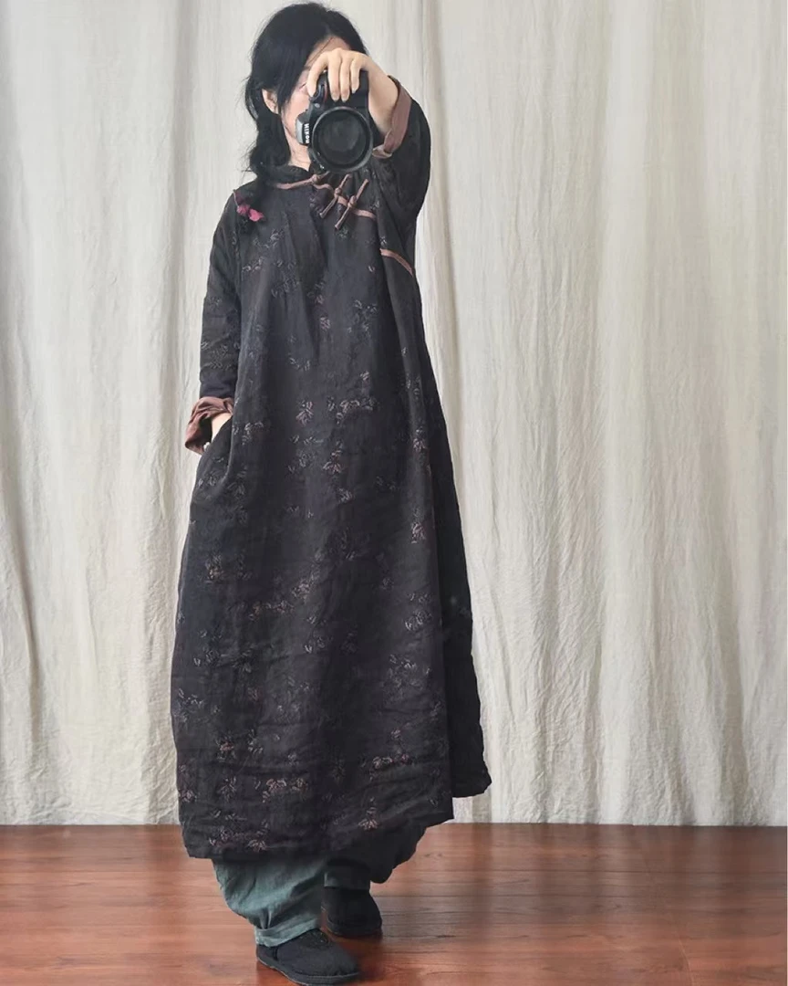 小爱/女装斜襟盘扣印花工艺长旗袍 亚麻连衣裙春秋款