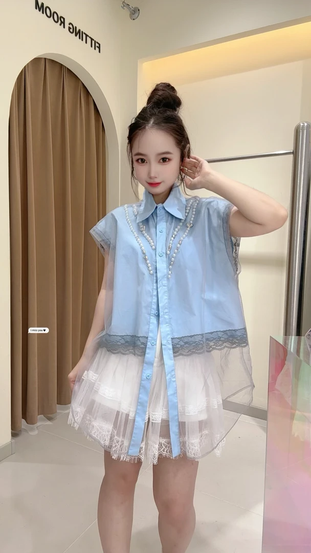 大观夏季新款女短袖拼接重工钉珠蕾丝钩花网纱单排扣翻领马甲衬衫