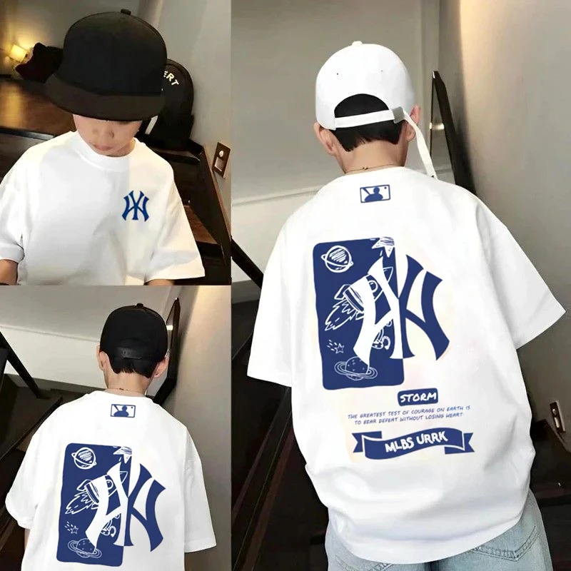 潮牌星球字母~男童夏季百搭宽松休闲中大童卡通印花短袖T恤9692