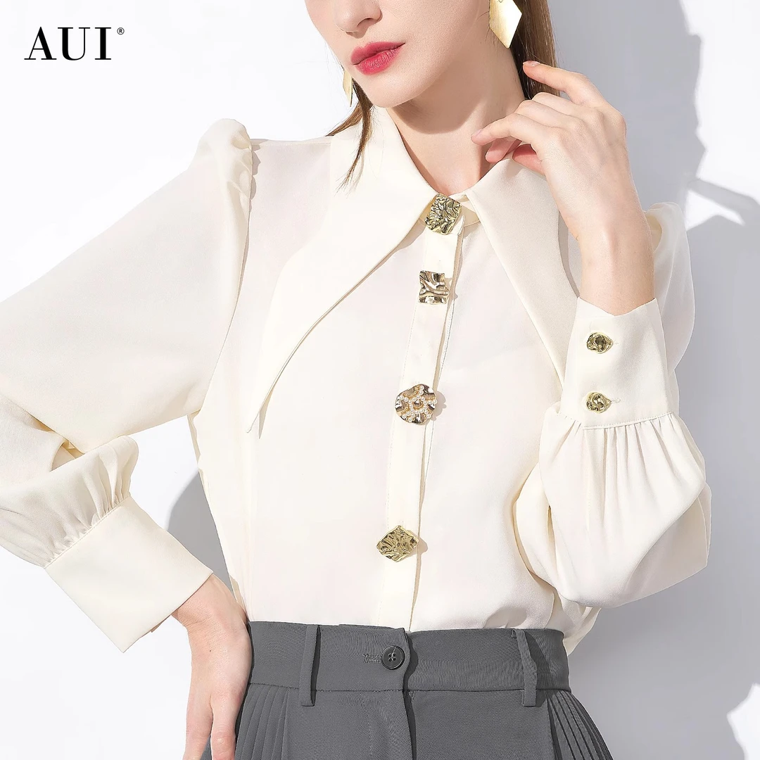 【媛媛女王专享】AUI杏色御姐气质POLO领衬衫长袖衬衣-23W052889